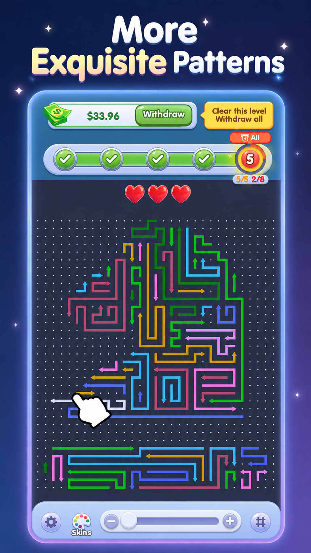 In-game UI with maze grid and tap hints